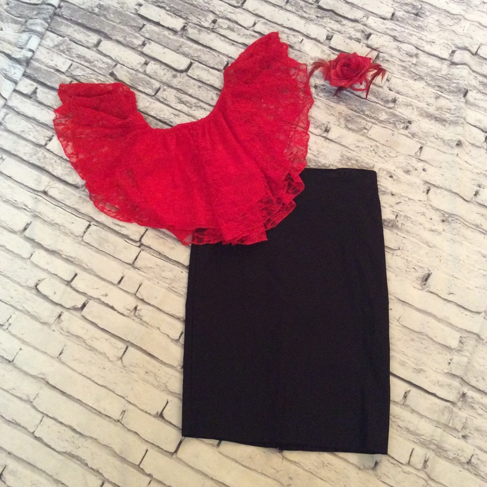 🍒 2PC LACE RUFFLE TOP PENCIL SKIRT HAIR ROSE SET - Picture 2 of 3